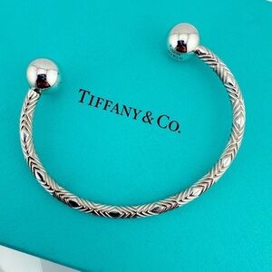 Tiffany & Co. Textured HardWear Barbell Ball Cuff Bracelet Sterling Silver